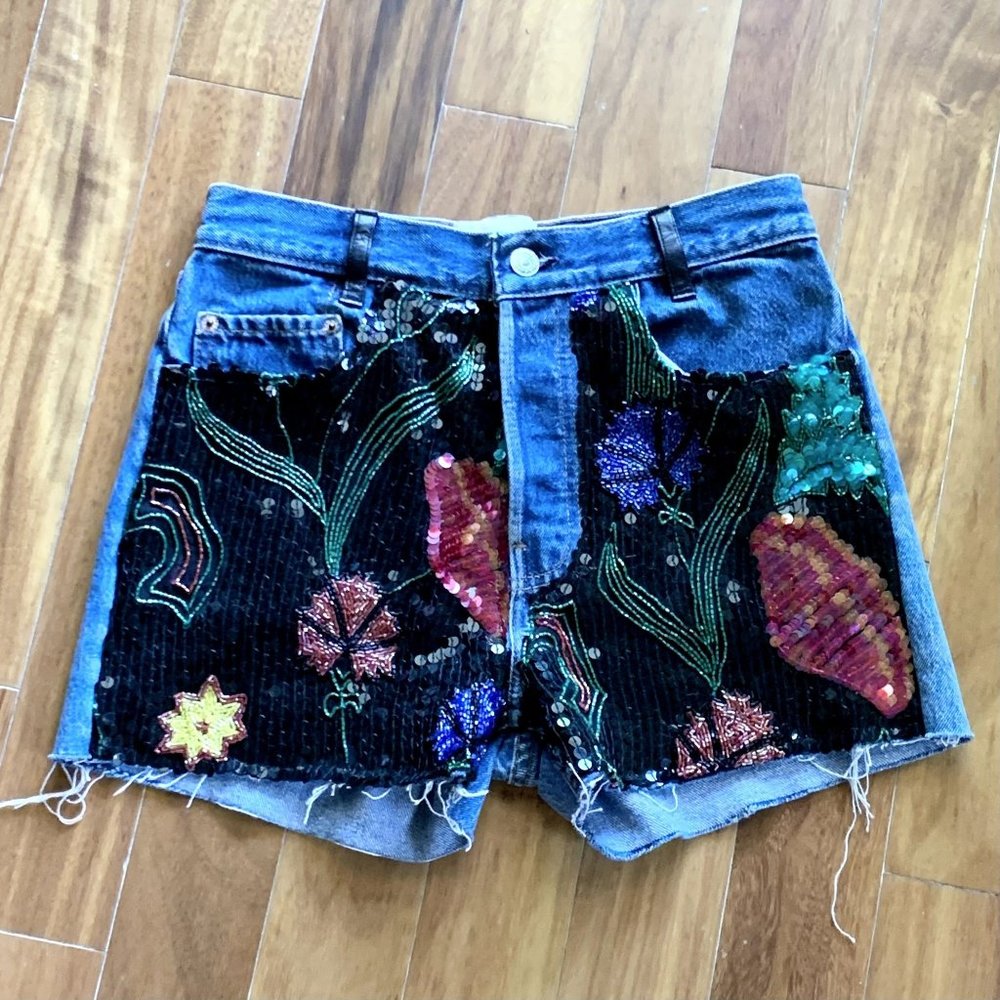 Riley Billy Jean Levi Vintage Sequin Shorts Black Multi NWOT